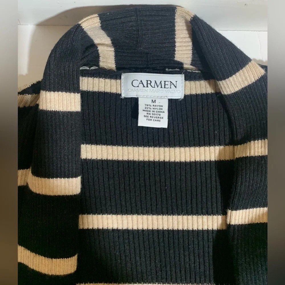 Carmen Marc Valvo Black Sweater With Tan Stripes In Waterfall Drape size Medium. - Picture 5 of 5